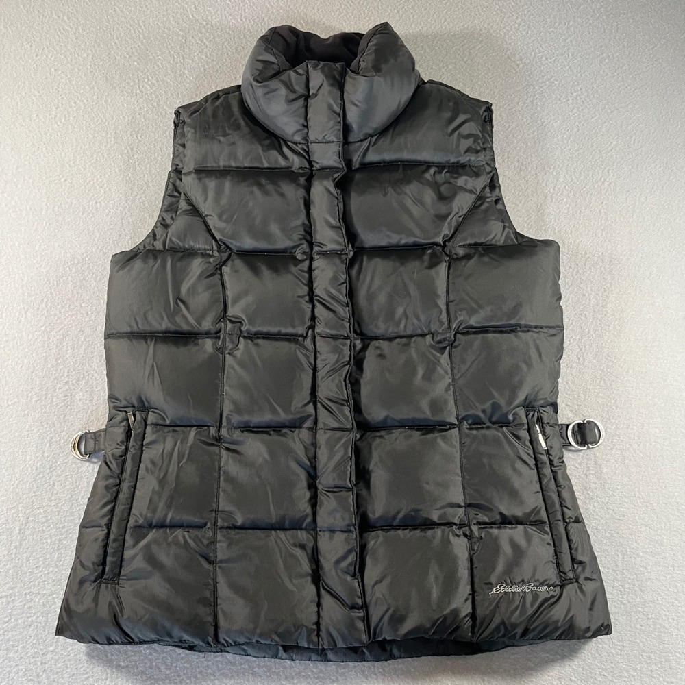 Eddie Bauer Womens Goose Down Puffer Vest Black Quilted Full Zip Snap Small